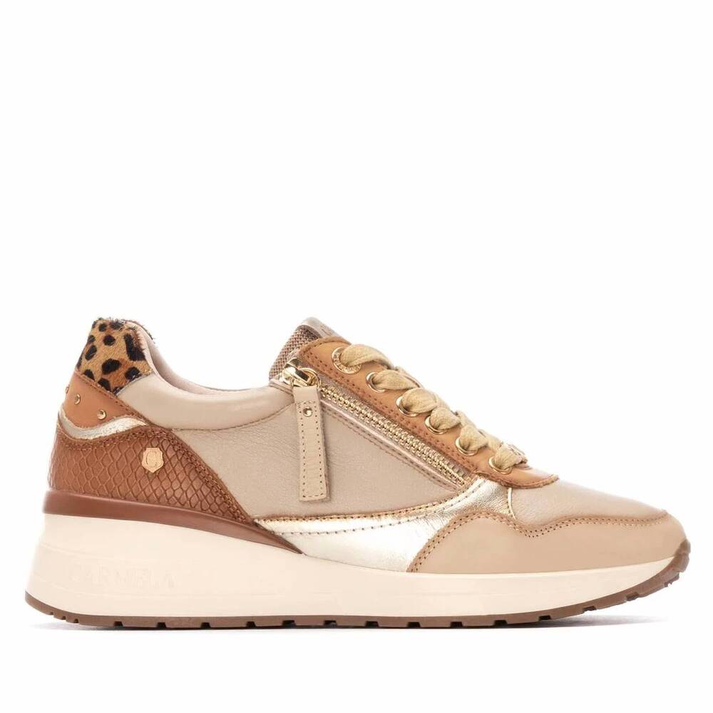 NEW CARMELA women's leather wedge lace-up sneakers in beige